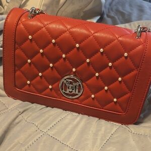Badgley Mischka Studios Stylish Red Quilted Shoulder Bag with Pearl Accents